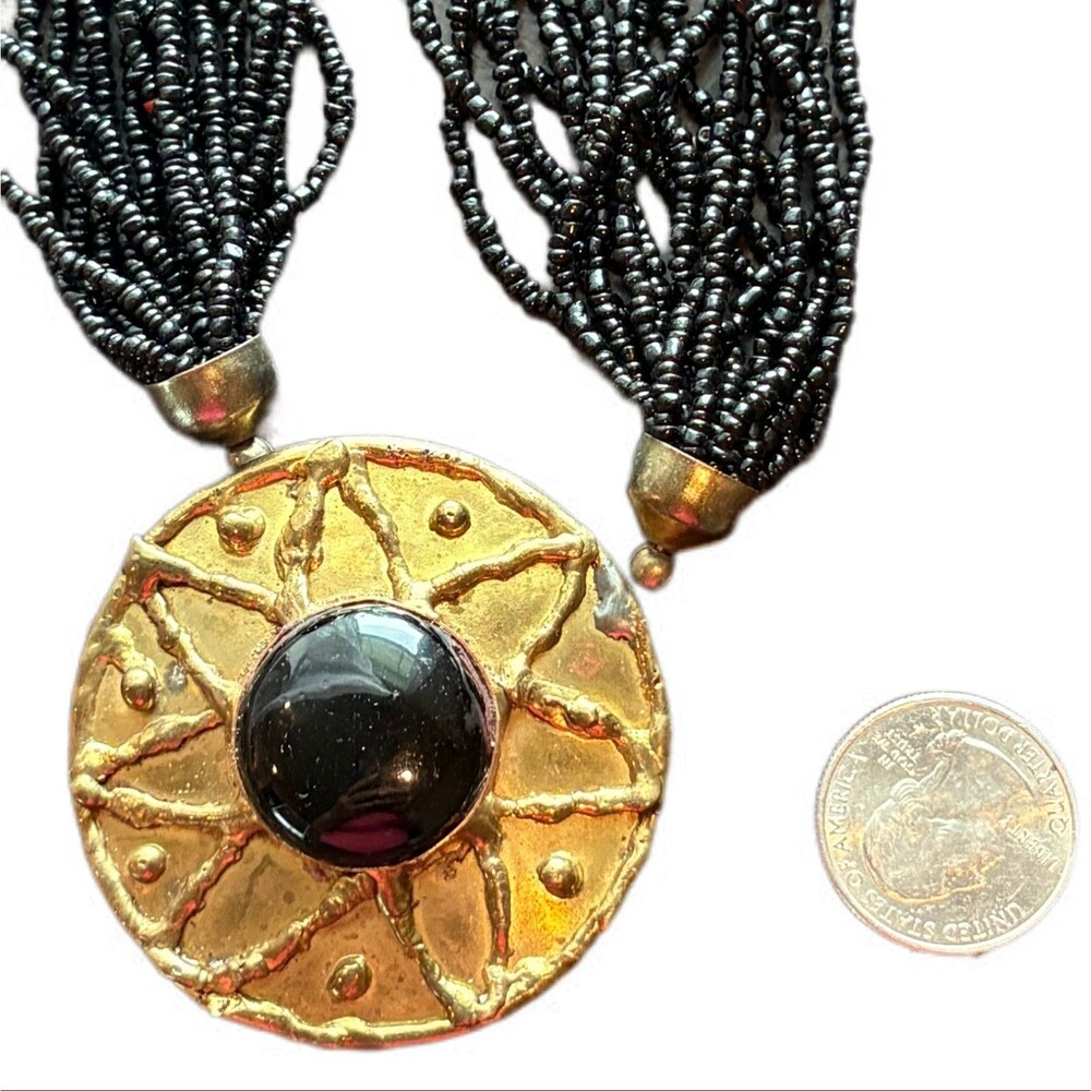 Vintage Multi Strand Black Seed Bead Celestial Necklace Sunburst Large Pendant - Picture 3 of 4